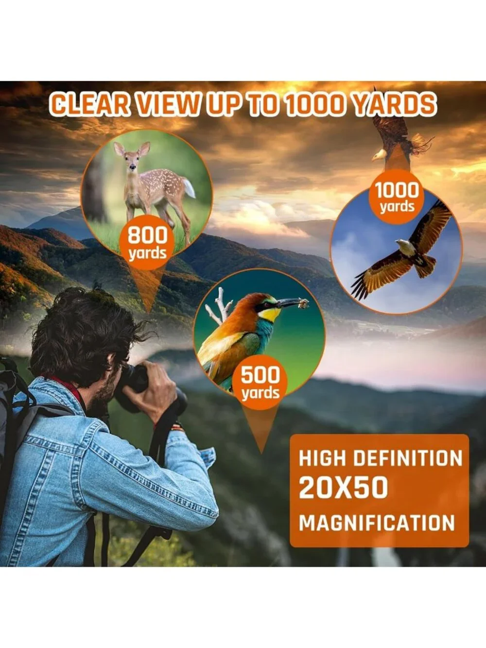 High Power 20x50 Binoculars for Adults - Low Light Night Vision, Waterproof